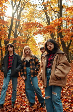 A mysterious scene capturing the essence of autumn in the 1990s, featuring a group of fashionable young adults inspired by the K-pop group NewJeans