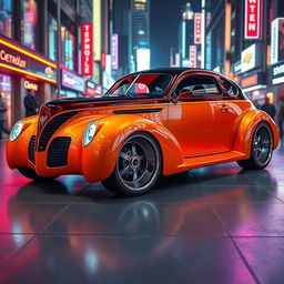 A futuristic interpretation of a 1939 Chevrolet Coupe, featuring a widebody design, with impressive wide tires that add to its sporty appearance