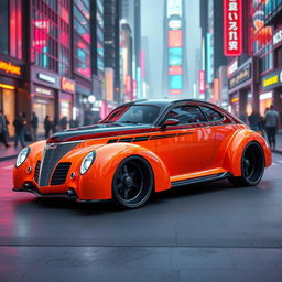 A futuristic interpretation of a 1939 Chevrolet Coupe, featuring a widebody design, with impressive wide tires that add to its sporty appearance