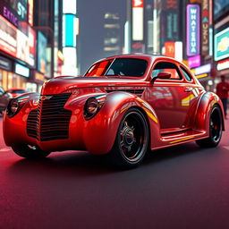 A futuristic interpretation of a 1939 Chevrolet Coupe, featuring a widebody design, with impressive wide tires that add to its sporty appearance