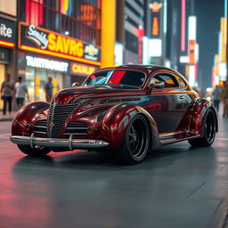 A futuristic interpretation of a 1939 Chevrolet Coupe, featuring a widebody design, with impressive wide tires that add to its sporty appearance