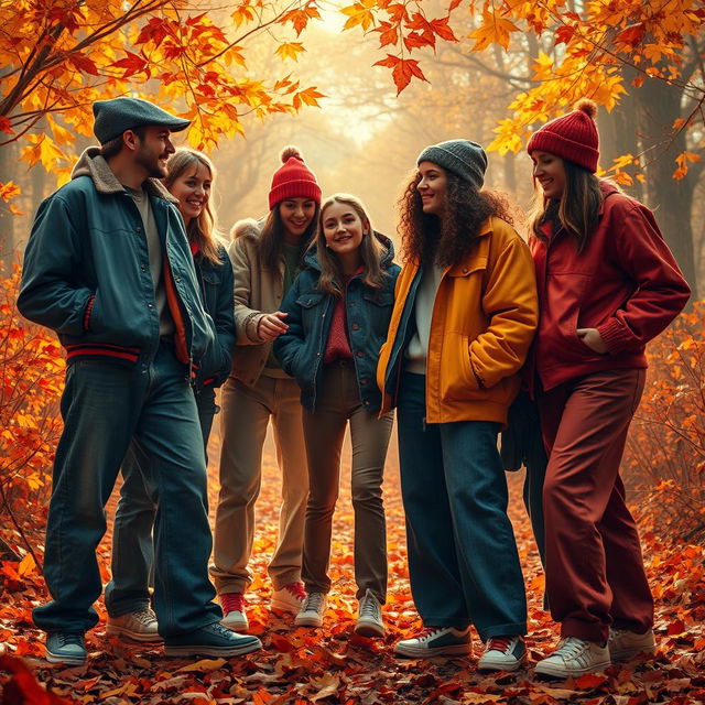 A mysterious autumn scene inspired by the 1990s aesthetic, featuring a group of trendy young adults reminiscent of the NewJeans style