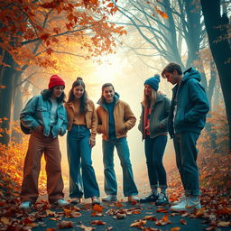 A mysterious autumn scene inspired by the 1990s aesthetic, featuring a group of trendy young adults reminiscent of the NewJeans style