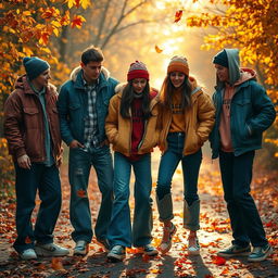 A mysterious autumn scene inspired by the 1990s aesthetic, featuring a group of trendy young adults reminiscent of the NewJeans style