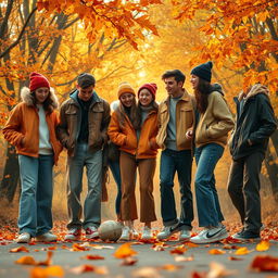 A mysterious autumn scene inspired by the 1990s aesthetic, featuring a group of trendy young adults reminiscent of the NewJeans style