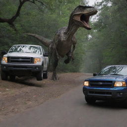 In his desperate effort to escape, the man's vehicle suddenly hits a large stone and a tree, causing it to screech to a halt with a loud crash. Behind, the Velociraptor continues its pursuit, undeterred.