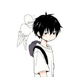 A male high schooler with black hair, illustrated in a 'no face' art style, walking with a slight downward gaze