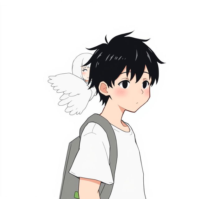 A male high schooler with black hair, illustrated in a 'no face' art style, walking with a slight downward gaze