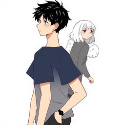 A male high schooler with black hair, illustrated in a 'no face' art style, walking with a slight downward gaze