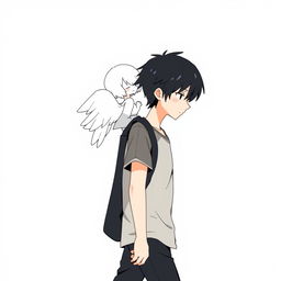 A male high schooler with black hair, illustrated in a 'no face' art style, walking with a slight downward gaze