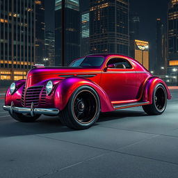 A futuristic reinterpretation of a 1939 Chevrolet Coupe, designed with a widebody style featuring oversized, aggressive wide tires