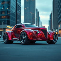 A futuristic reinterpretation of a 1939 Chevrolet Coupe, designed with a widebody style featuring oversized, aggressive wide tires