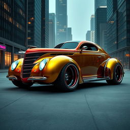 A futuristic reinterpretation of a 1939 Chevrolet Coupe, designed with a widebody style featuring oversized, aggressive wide tires