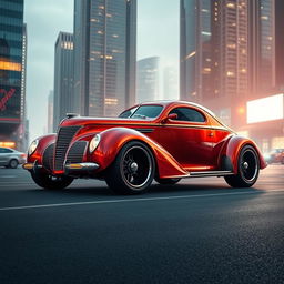 A futuristic reinterpretation of a 1939 Chevrolet Coupe, designed with a widebody style featuring oversized, aggressive wide tires