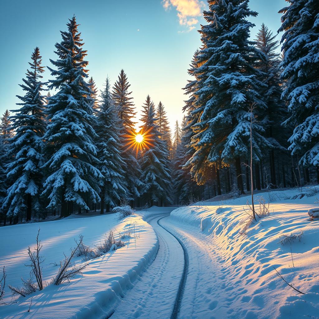 A serene winter landscape depicting a tranquil snowy forest, with tall pine trees coated in fresh white snow