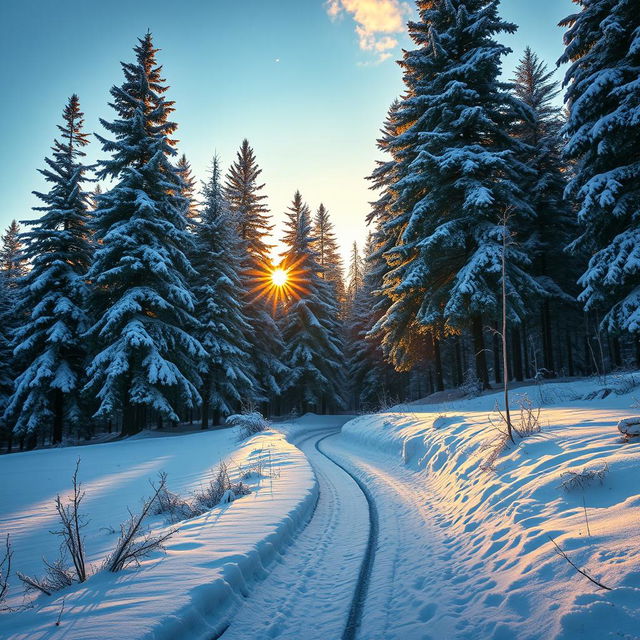 A serene winter landscape depicting a tranquil snowy forest, with tall pine trees coated in fresh white snow