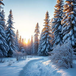 A serene winter landscape depicting a tranquil snowy forest, with tall pine trees coated in fresh white snow