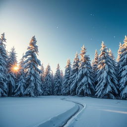 A serene winter landscape depicting a tranquil snowy forest, with tall pine trees coated in fresh white snow