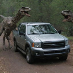 In his desperate effort to escape, the man's vehicle suddenly hits a large stone and a tree, causing it to screech to a halt with a loud crash. Behind, the Velociraptor continues its pursuit, undeterred.