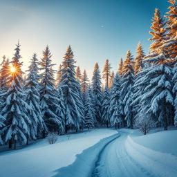 A serene winter landscape depicting a tranquil snowy forest, with tall pine trees coated in fresh white snow