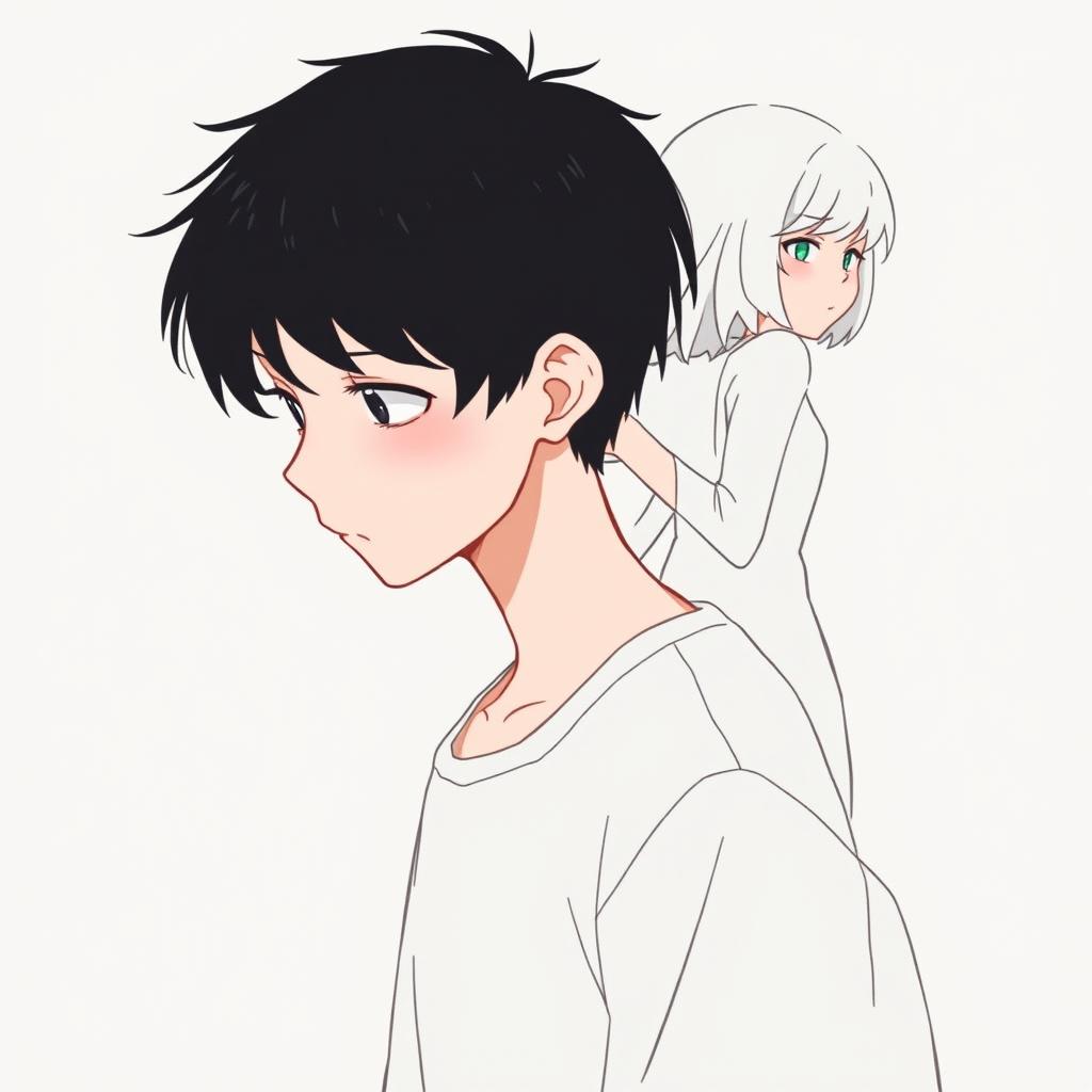 A male high schooler with black hair, illustrated in a 'no face' art style, walking with a slight downward gaze, looking gloomy and introspective