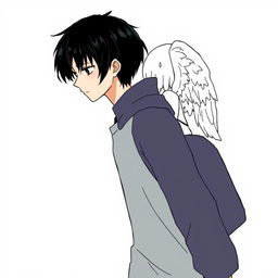 A male high schooler with black hair, illustrated in a 'no face' art style, walking with a slight downward gaze, looking gloomy and introspective