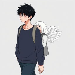 A male high schooler with black hair, illustrated in a 'no face' art style, walking with a slight downward gaze, looking gloomy and introspective