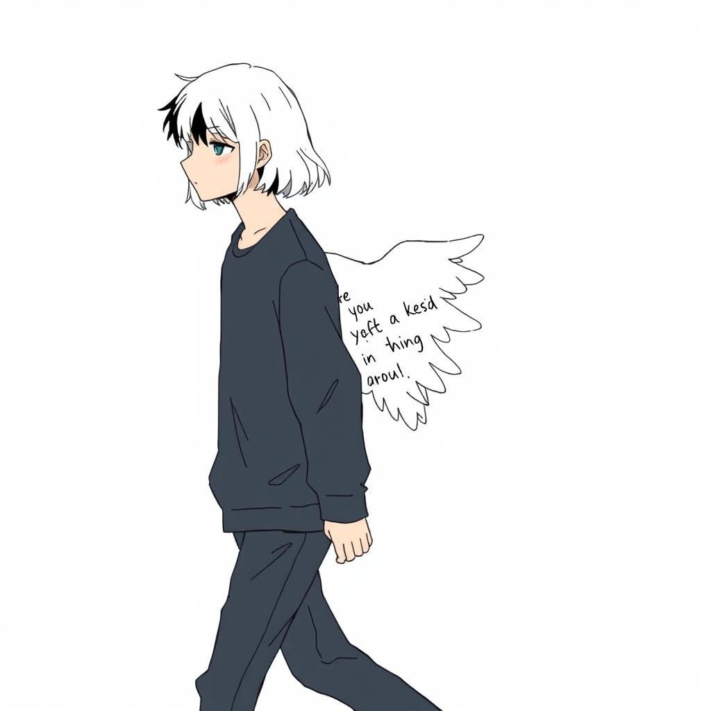 A male high schooler with black hair, illustrated in a 'no face' art style, walking with a slight downward gaze, looking gloomy and introspective