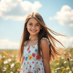 A beautiful teenage girl with long flowing brown hair and bright blue eyes, wearing a white sundress adorned with colorful floral patterns