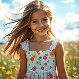 A beautiful teenage girl with long flowing brown hair and bright blue eyes, wearing a white sundress adorned with colorful floral patterns