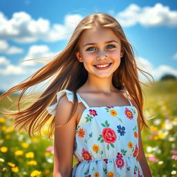 A beautiful teenage girl with long flowing brown hair and bright blue eyes, wearing a white sundress adorned with colorful floral patterns