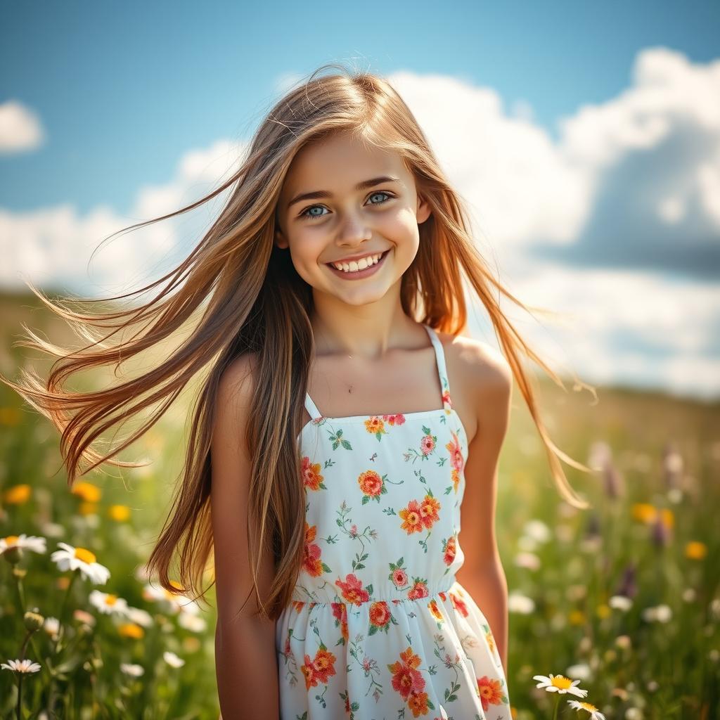 A beautiful teenage girl with long flowing brown hair and bright blue eyes, wearing a white sundress adorned with colorful floral patterns