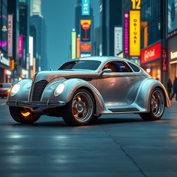 A futuristic redesign of a 1939 Chevrolet Coupe, showcasing a widebody style with oversized, aggressive wide tires