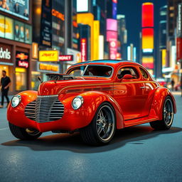 A futuristic redesign of a 1939 Chevrolet Coupe, showcasing a widebody style with oversized, aggressive wide tires