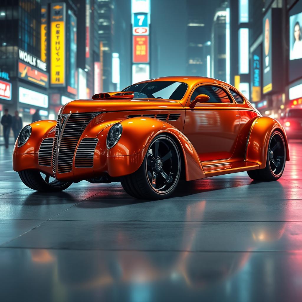 A futuristic redesign of a 1939 Chevrolet Coupe, showcasing a widebody style with oversized, aggressive wide tires