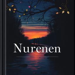 A captivating book cover design that embodies mystery and nostalgia, showcasing a serene river winding through a dense, shadowy forest