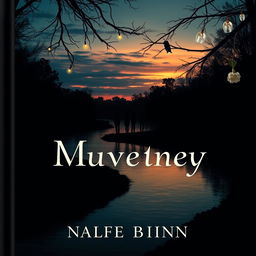 A captivating book cover design that embodies mystery and nostalgia, showcasing a serene river winding through a dense, shadowy forest