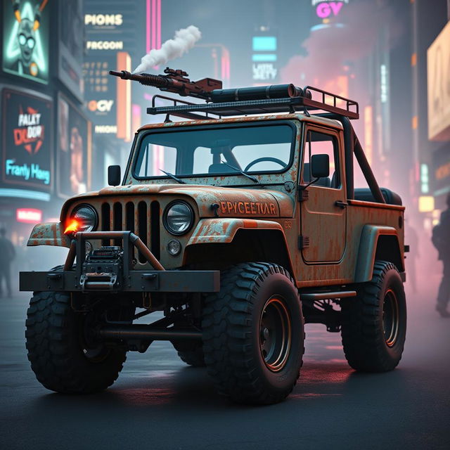 A utilitarian, rusted 1979 Jeep, showcasing its rugged design with reinforced steel bars, bulletproof windows, and a heavy-duty front bumper designed for ramming through obstacles