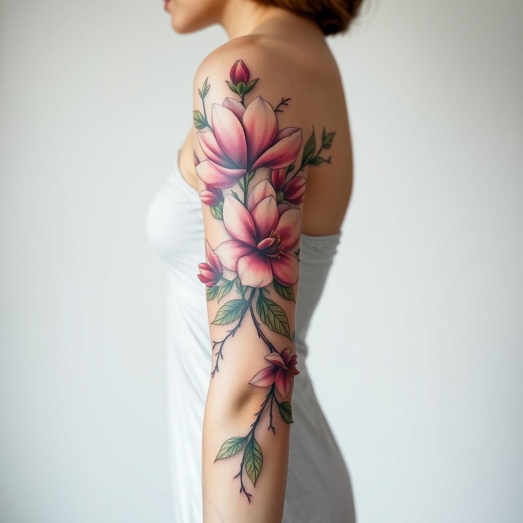 A stunning full-sleeve tattoo design for a female that gracefully wraps around the entire arm