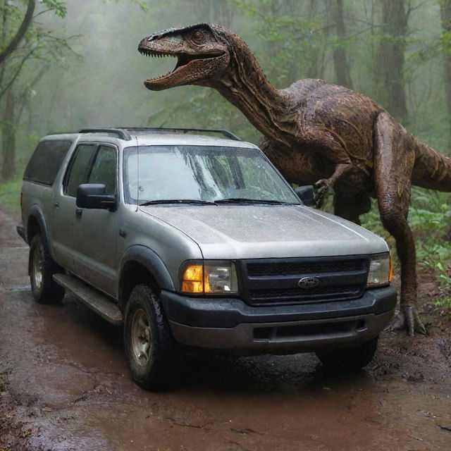 Leaving the wrecked vehicle, the previously indifferent swindler now runs frenetically in the pouring rain, tears streaming down his face - a picture of panic and regret, with the Velociraptor still on his trail.