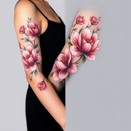 A stunning full-sleeve tattoo design for a female that gracefully wraps around the entire arm