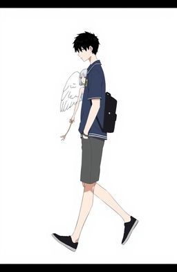 A male high schooler with black hair walking slightly downwards, dressed in a casual school uniform