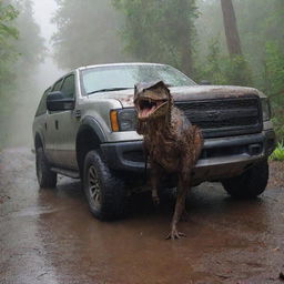 Leaving the wrecked vehicle, the previously indifferent swindler now runs frenetically in the pouring rain, tears streaming down his face - a picture of panic and regret, with the Velociraptor still on his trail.