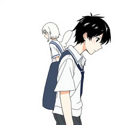 A male high schooler with black hair walking slightly downwards, dressed in a casual school uniform