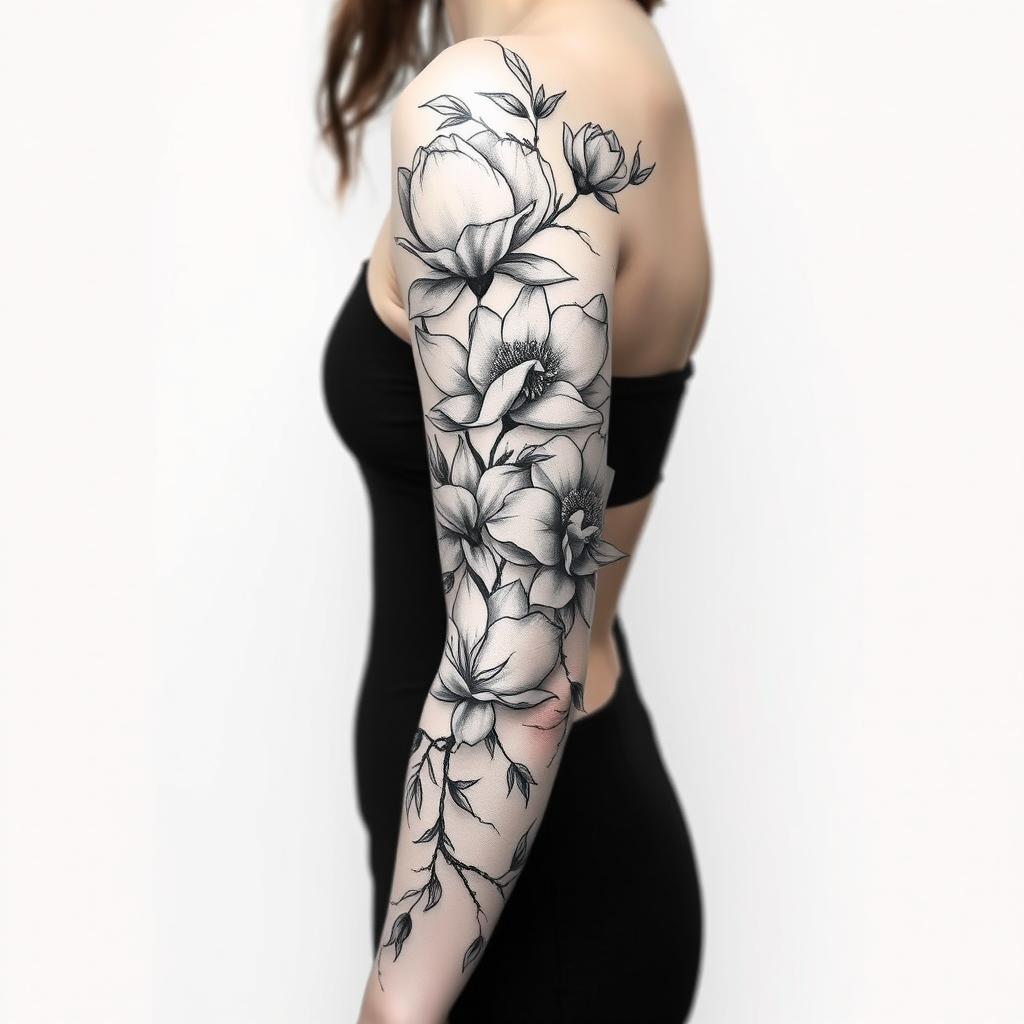 A striking full-sleeve tattoo design for a female, intricately wrapping around the entire arm