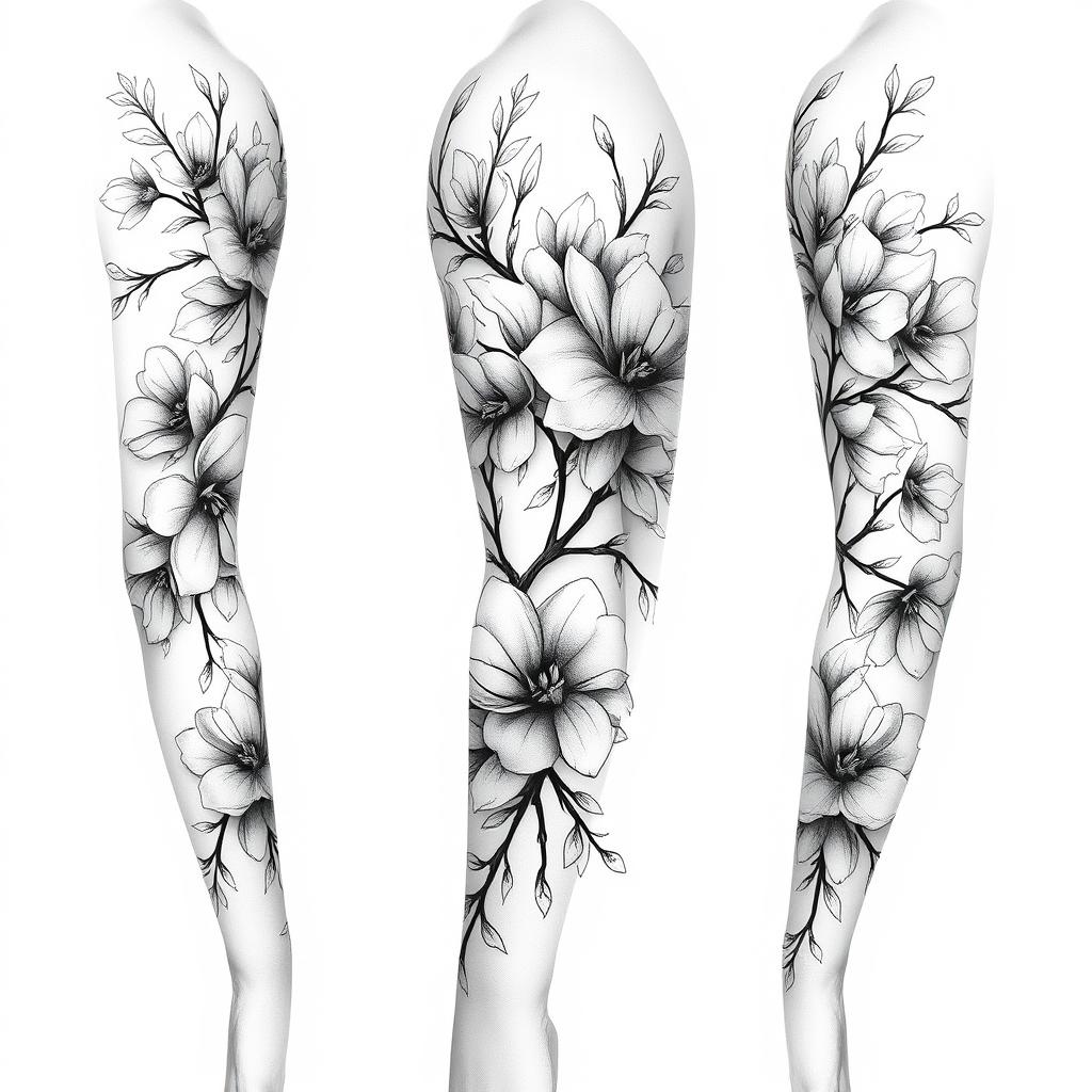 A striking full-sleeve tattoo design for a female, intricately wrapping around the entire arm