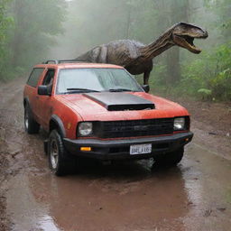 Leaving the wrecked vehicle, the previously indifferent swindler now runs frenetically in the pouring rain, tears streaming down his face - a picture of panic and regret, with the Velociraptor still on his trail.