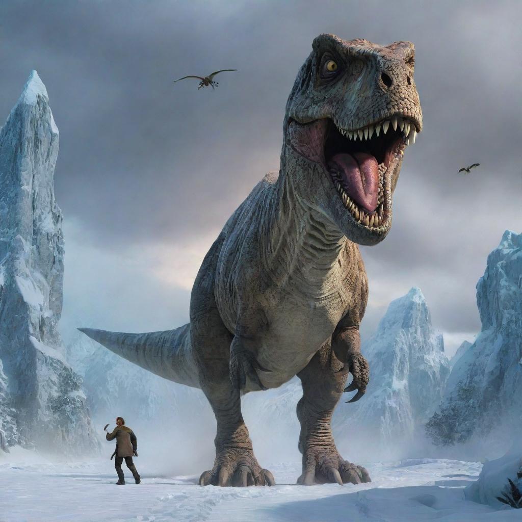 In his frantic flight, the scheming individual suddenly finds himself in the path of an imposing T-Rex. Frozen in terror, he watches as it towers over him menacingly.