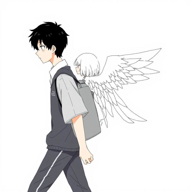 A male high schooler with black hair walking slightly downwards, wearing a casual school uniform