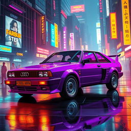 A sleek, neon purple 1982 Audi 100, showcasing its aerodynamic design, embedded with lightweight, high-tech alloy armor for a futuristic look